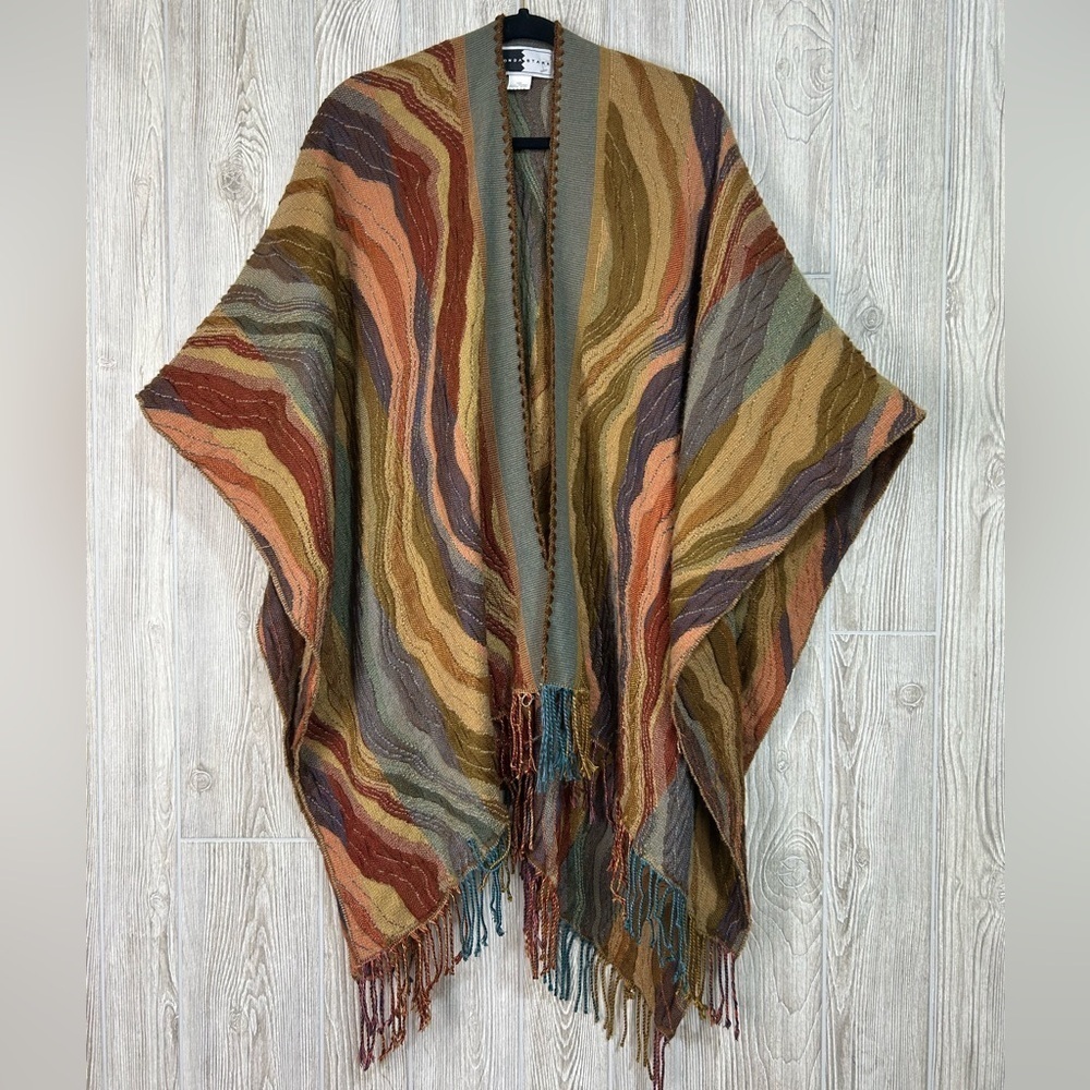 Rhonda Stark Sunset Color Wave Pattern Tassel Shawl Poncho Italian Acrylic OS